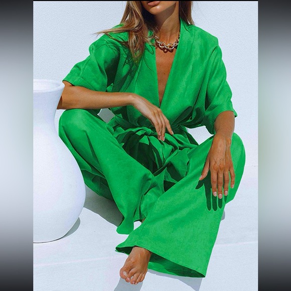 Commense Oversized Linen Tied Two Piece Kimono & Pant set - Picture 1 of 13